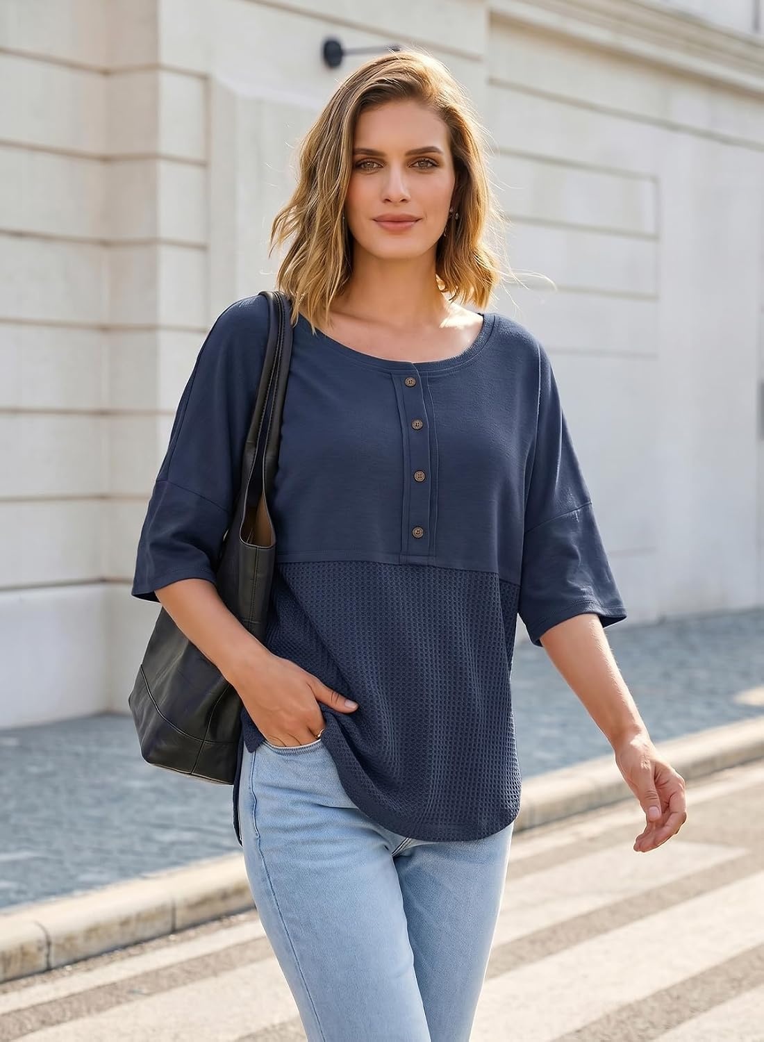 image:imageDokotoo Womens Waffle Knit Tops 34 Sleeve Oversized Patchwork BlousesBlue
