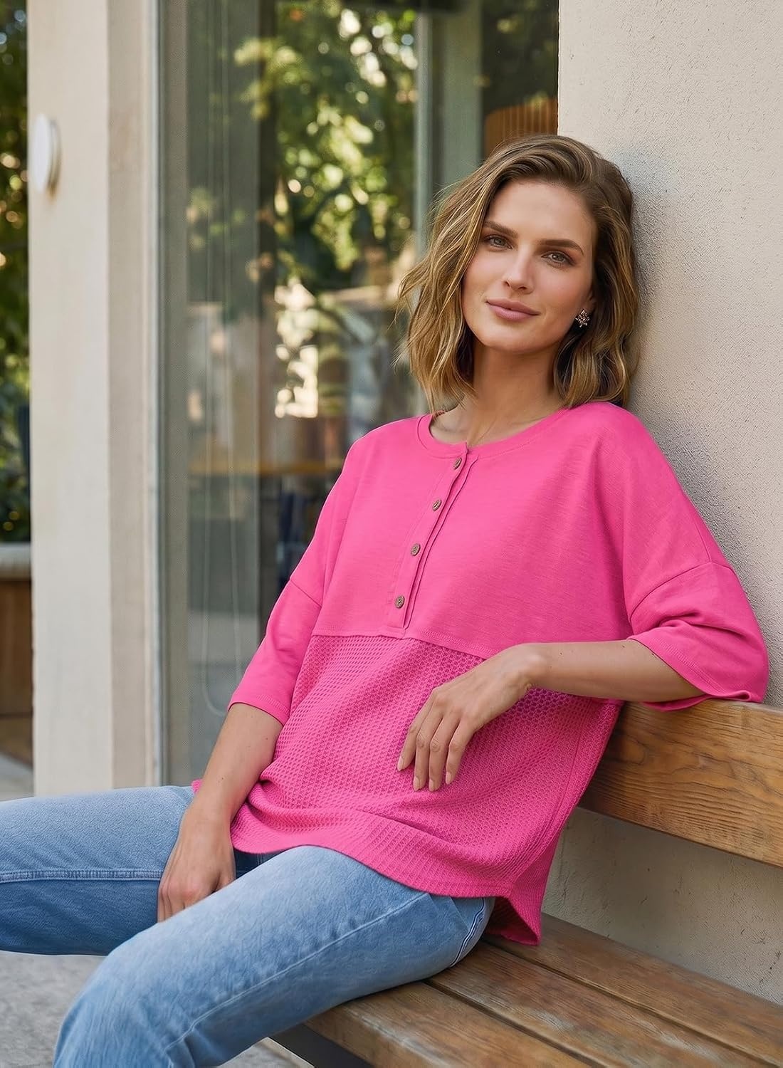 image:imageDokotoo Womens Waffle Knit Tops 34 Sleeve Oversized Patchwork BlousesHot Pink