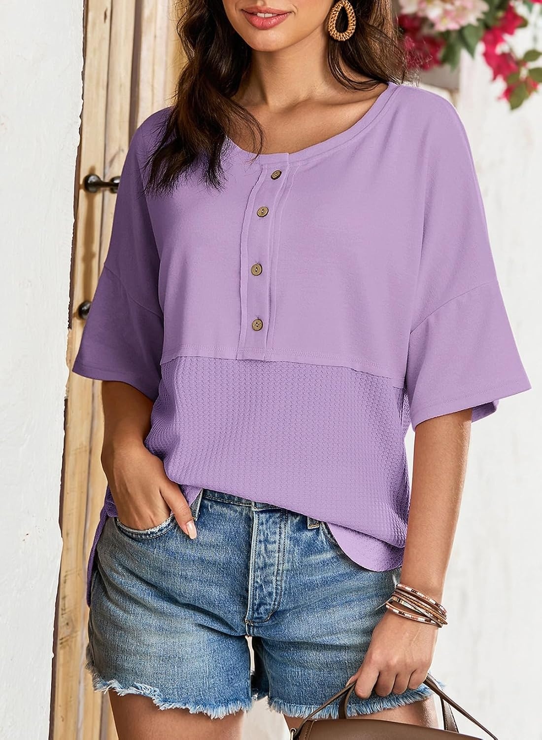 image:imageDokotoo Womens Waffle Knit Tops 34 Sleeve Oversized Patchwork BlousesPurple