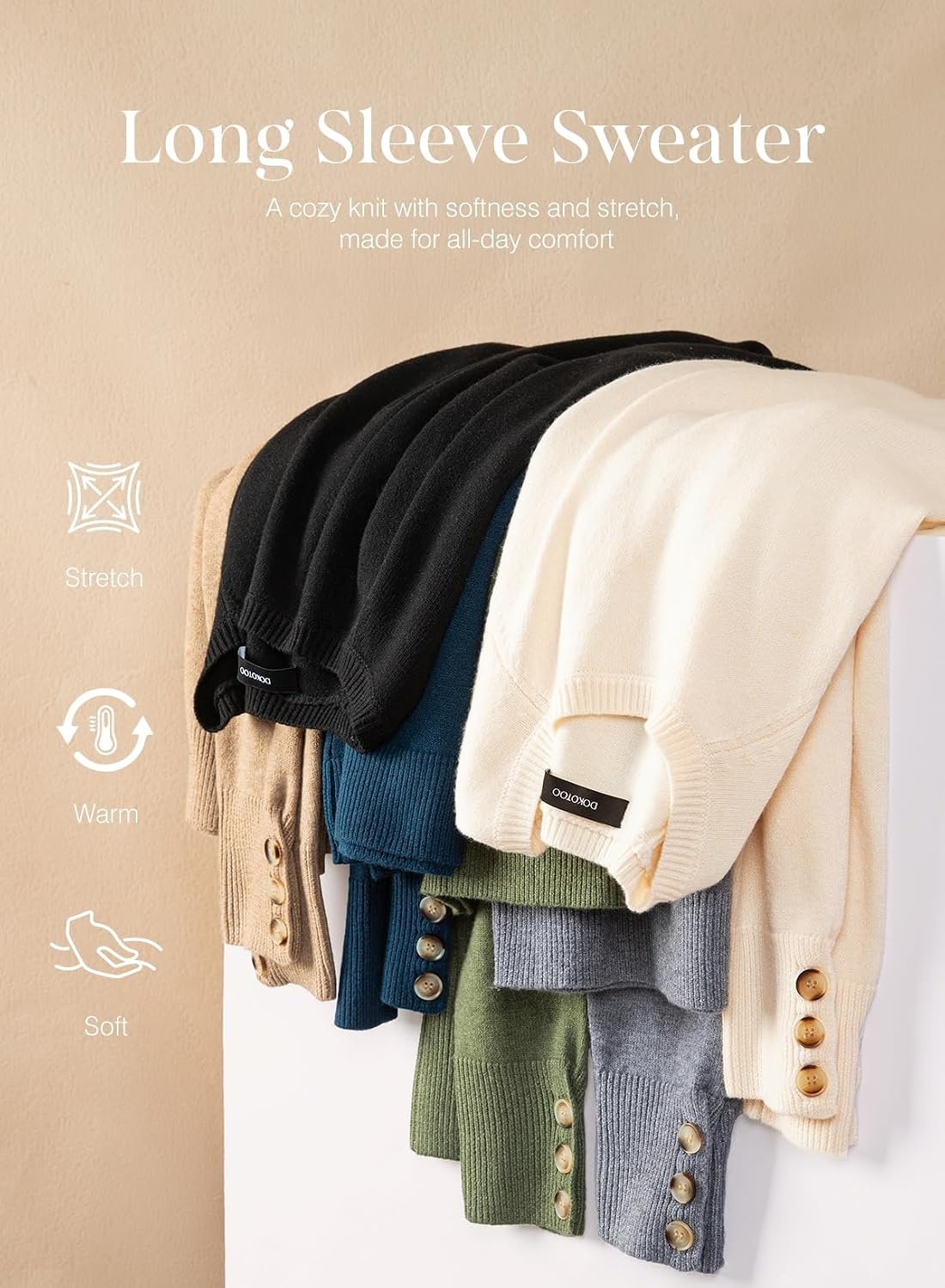 image:imageDokotoo Womes Sweaters Solid Button Long Sleeve Knit Pullover TopsBlack