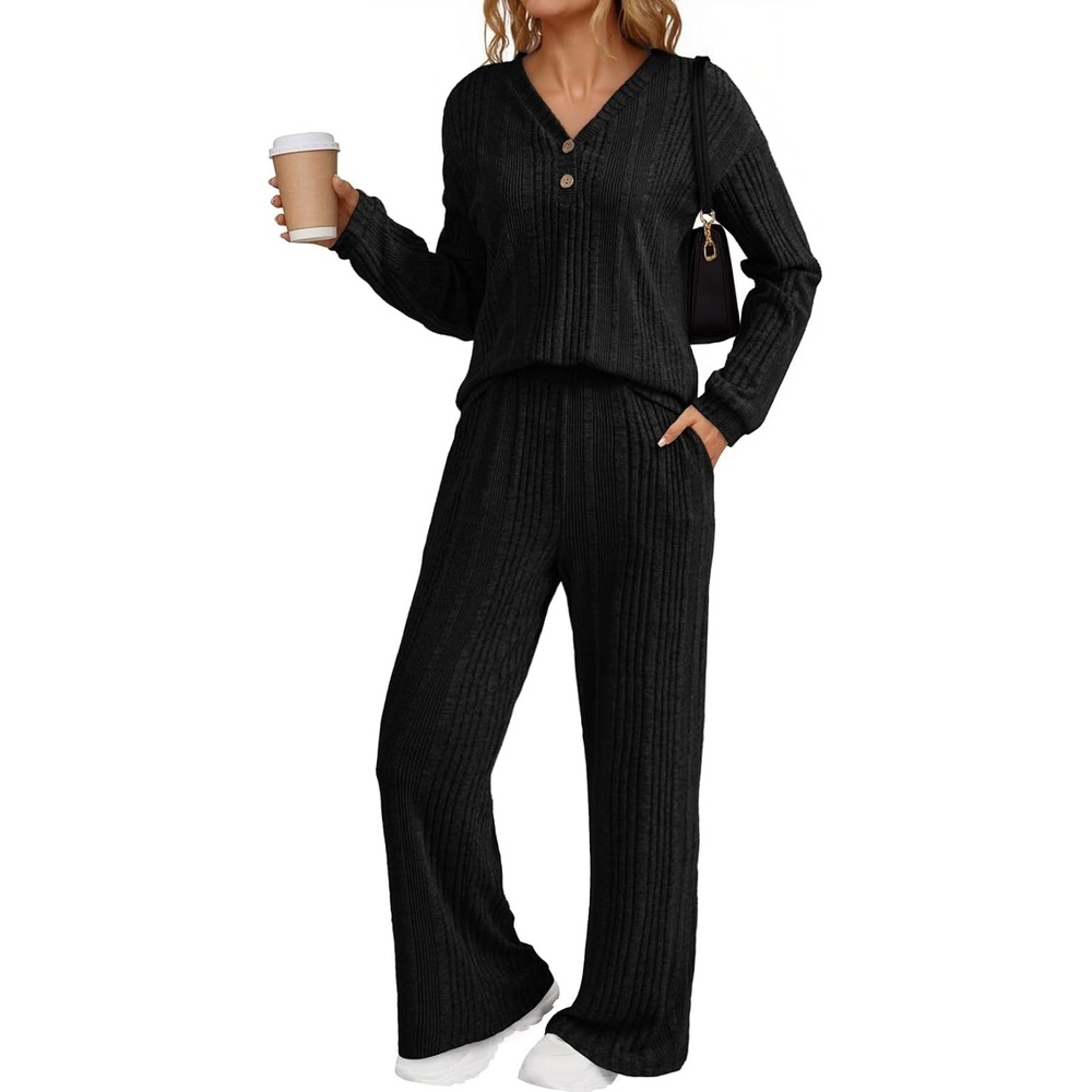 image:imageDokotoo 2 Piece Lounge Sets for Women Ribbed Knit Button V Neck Long Sleeve Tops Matching Pants Pajamas Set 2025 Fall Outfits