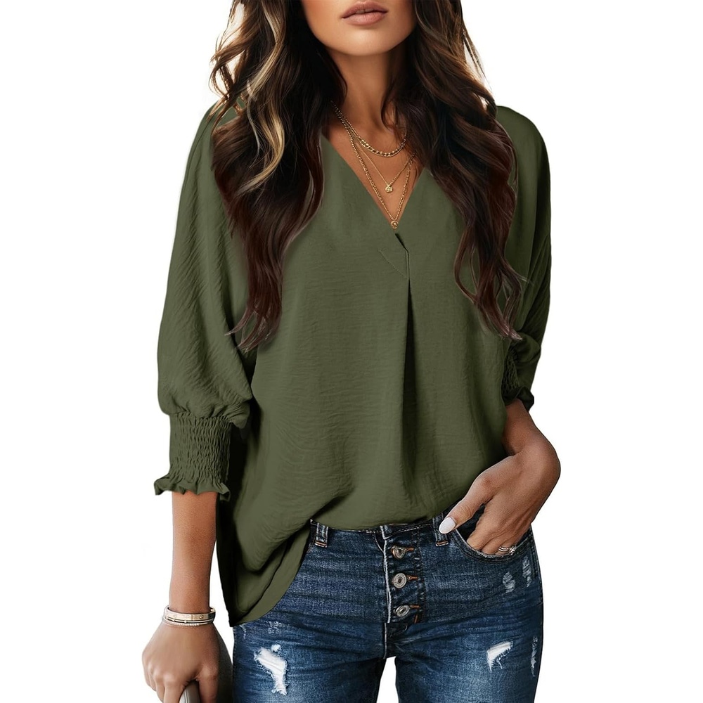 image:imageDokotoo 34 Length Sleeve Womens Tops Dressy Blouses Collared ShirtsJungle Green