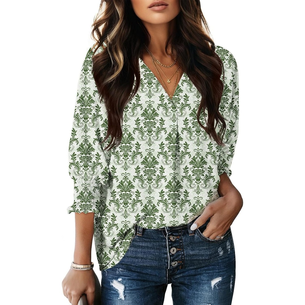 image:imageDokotoo 34 Length Sleeve Womens Tops Dressy Blouses Collared ShirtsPrinted Green