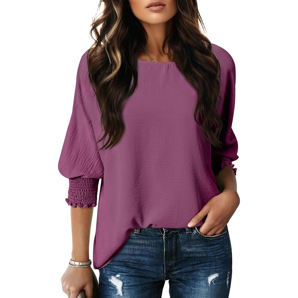 image:imageDokotoo 34 Length Sleeve Womens Tops Dressy Casual Blouses Boat Neck Batwing Babydoll TopA Dark Purple