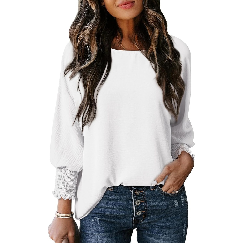 image:imageDokotoo 34 Length Sleeve Womens Tops Dressy Casual Blouses Boat Neck Batwing Babydoll TopA White