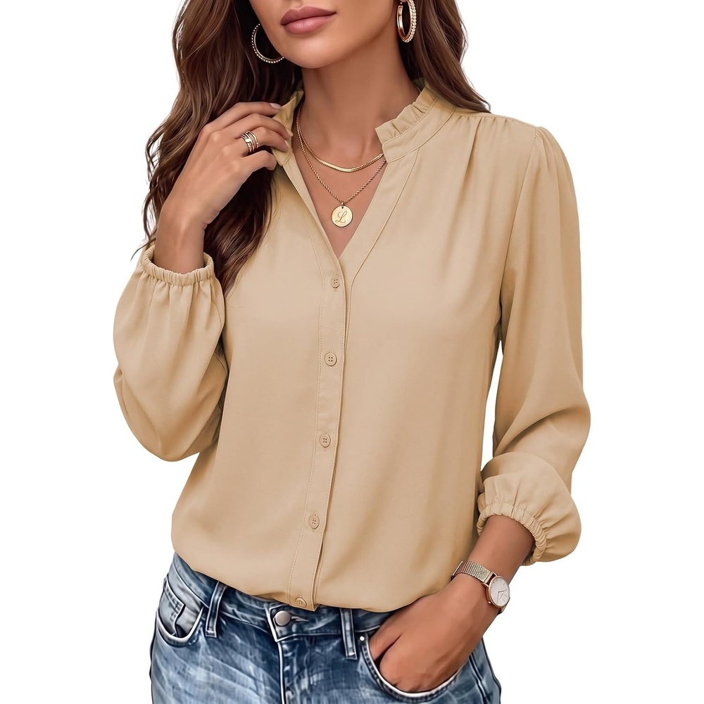 image:imageDokotoo Blouses for Women Dressy Casual V Neck Button Down ShirtsApricot