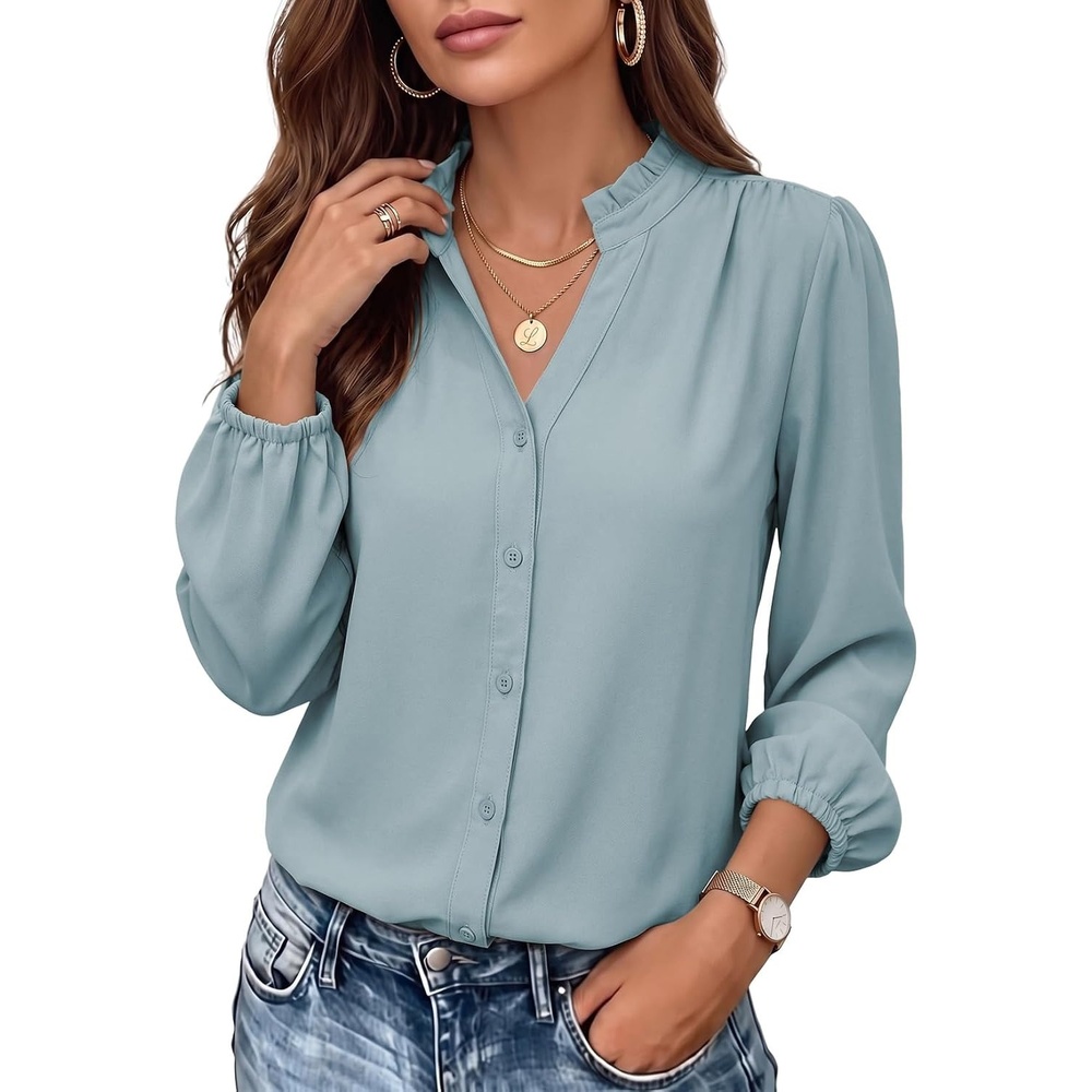 image:imageDokotoo Blouses for Women Dressy Casual V Neck Button Down ShirtsLight Blue