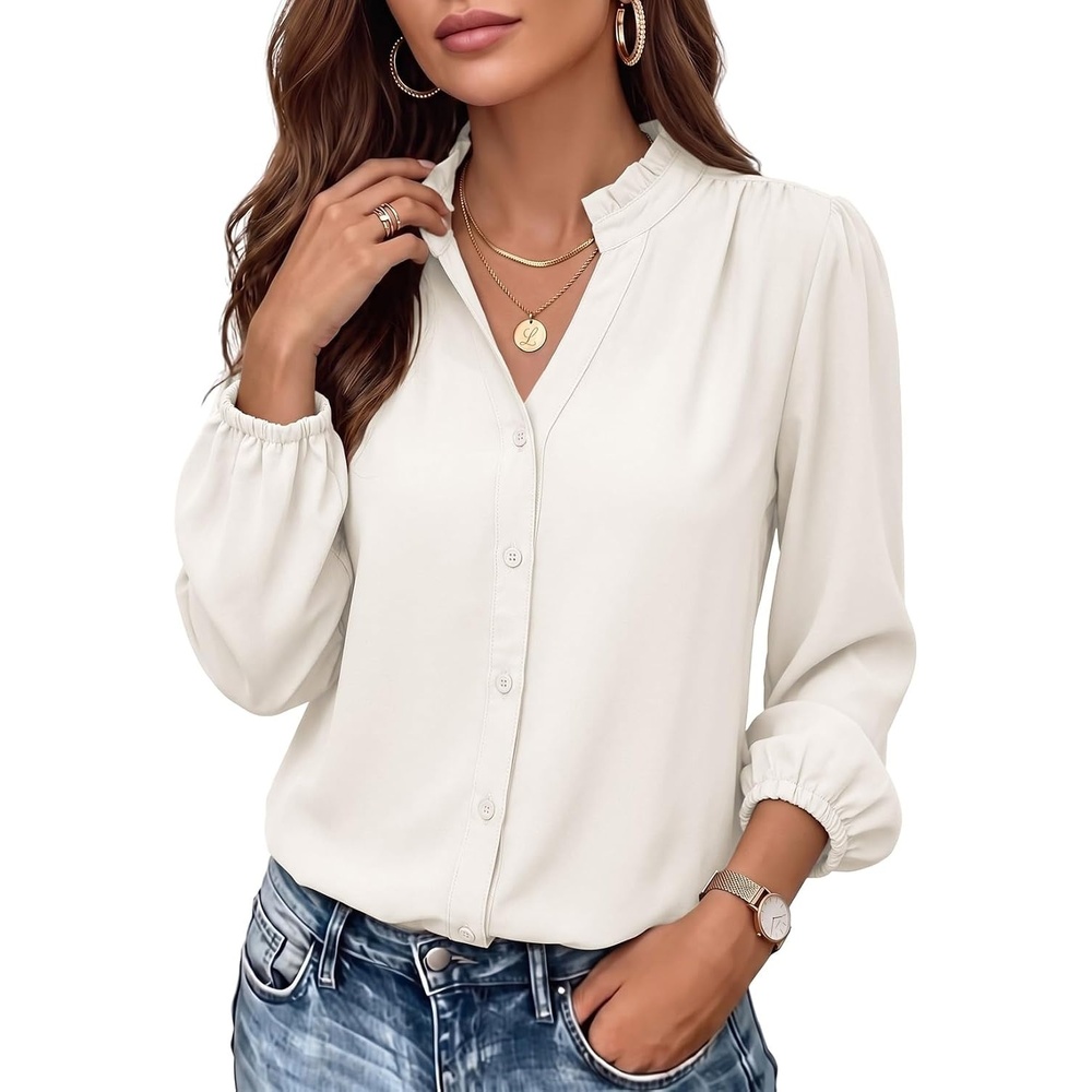 image:imageDokotoo Blouses for Women Dressy Casual V Neck Button Down ShirtsWhite