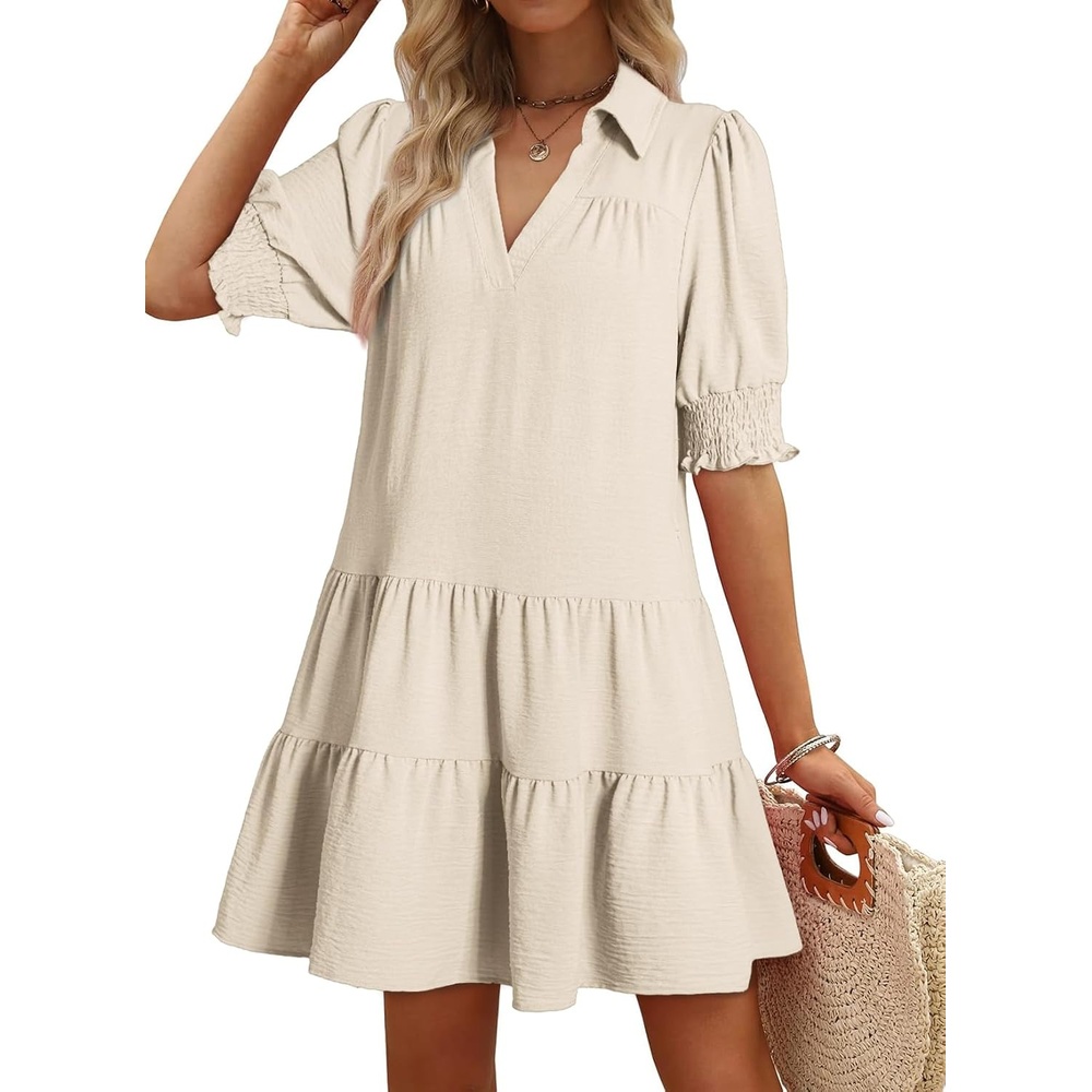 image:imageDokotoo Casual Dresses for Women Lapel Collared V Neck Mid Sleeved Pleated Summer Dresses for Women 2026 Midi DressesBeige