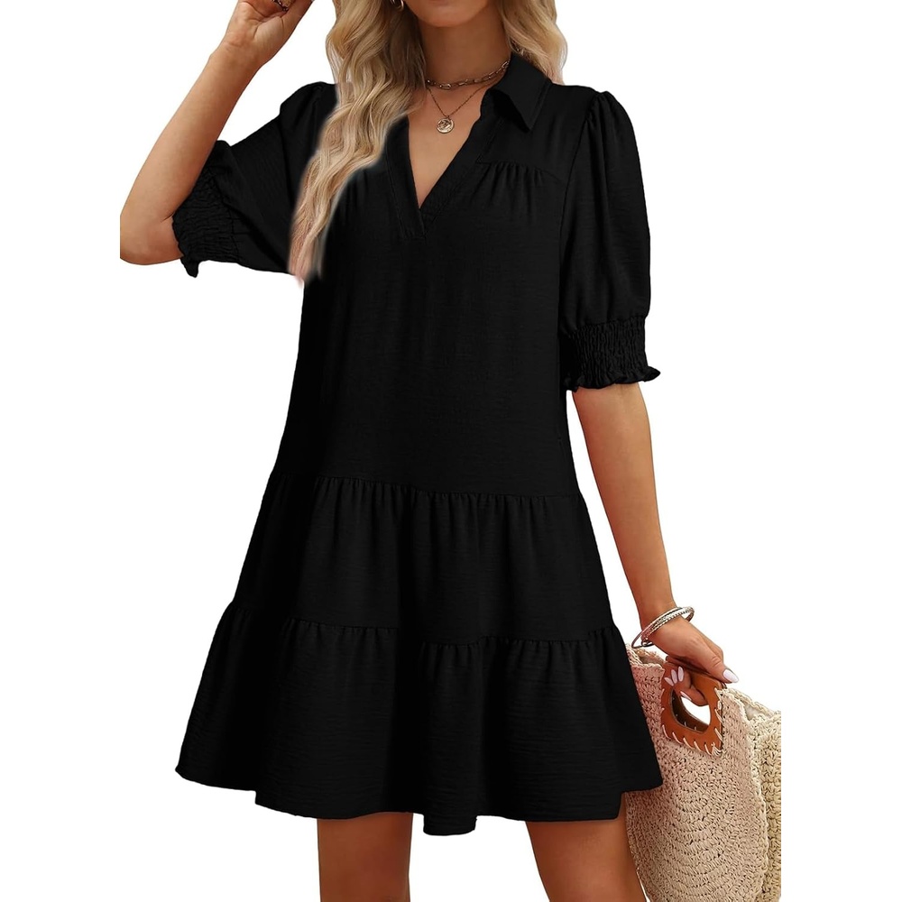 image:imageDokotoo Casual Dresses for Women Lapel Collared V Neck Mid Sleeved Pleated Summer Dresses for Women 2026 Midi DressesBlack