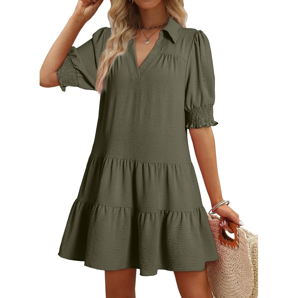 image:imageDokotoo Casual Dresses for Women Lapel Collared V Neck Mid Sleeved Pleated Summer Dresses for Women 2026 Midi DressesDark Green