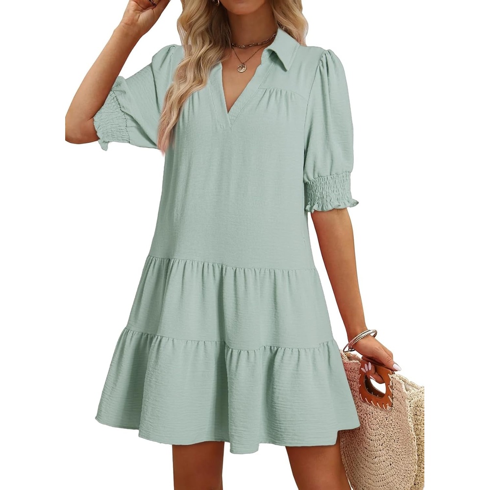 image:imageDokotoo Casual Dresses for Women Lapel Collared V Neck Mid Sleeved Pleated Summer Dresses for Women 2026 Midi DressesLight Green