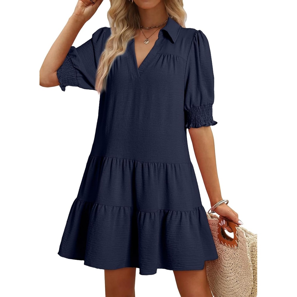 image:imageDokotoo Casual Dresses for Women Lapel Collared V Neck Mid Sleeved Pleated Summer Dresses for Women 2026 Midi DressesNavy Blue