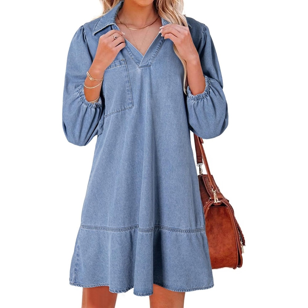 image:imageDokotoo Denim Dress for Women Fall 34 Puff Sleeve Babydoll Jean DressBeau Blue