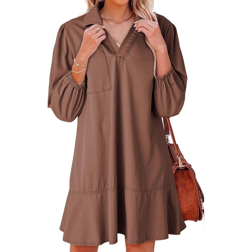 image:imageDokotoo Denim Dress for Women Fall 34 Puff Sleeve Babydoll Jean DressBrown