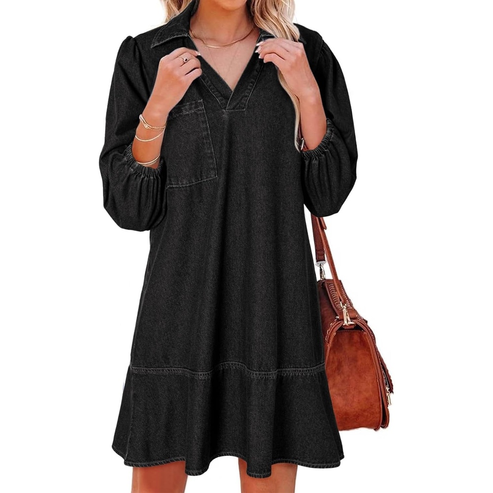 image:imageDokotoo Denim Dress for Women Fall 34 Puff Sleeve Babydoll Jean DressCarbon Grey