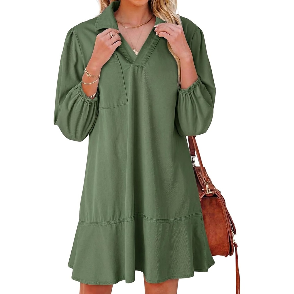image:imageDokotoo Denim Dress for Women Fall 34 Puff Sleeve Babydoll Jean DressDark Green