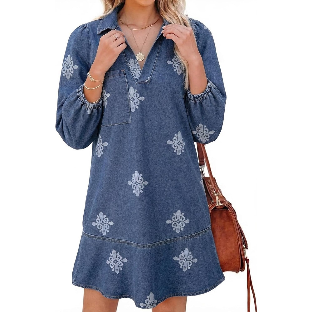 image:imageDokotoo Denim Dress for Women Fall 34 Puff Sleeve Babydoll Jean DressFloral Blue