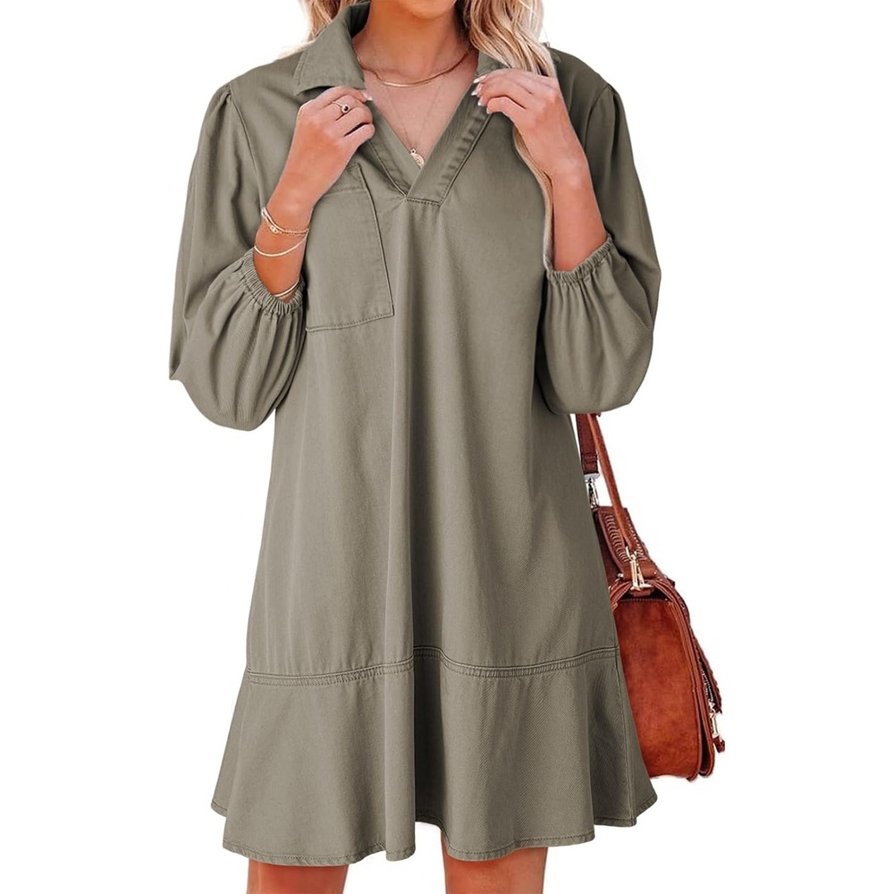 image:imageDokotoo Denim Dress for Women Fall 34 Puff Sleeve Babydoll Jean DressGreen