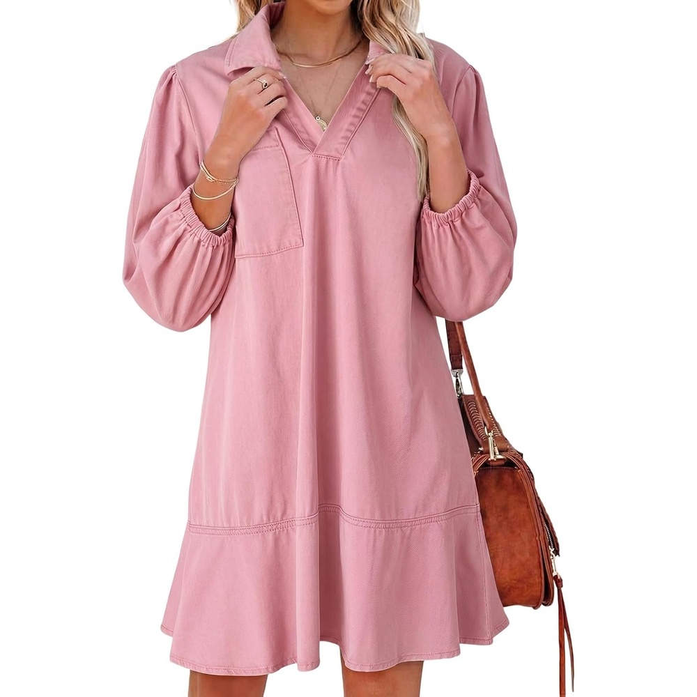 image:imageDokotoo Denim Dress for Women Fall 34 Puff Sleeve Babydoll Jean DressPink