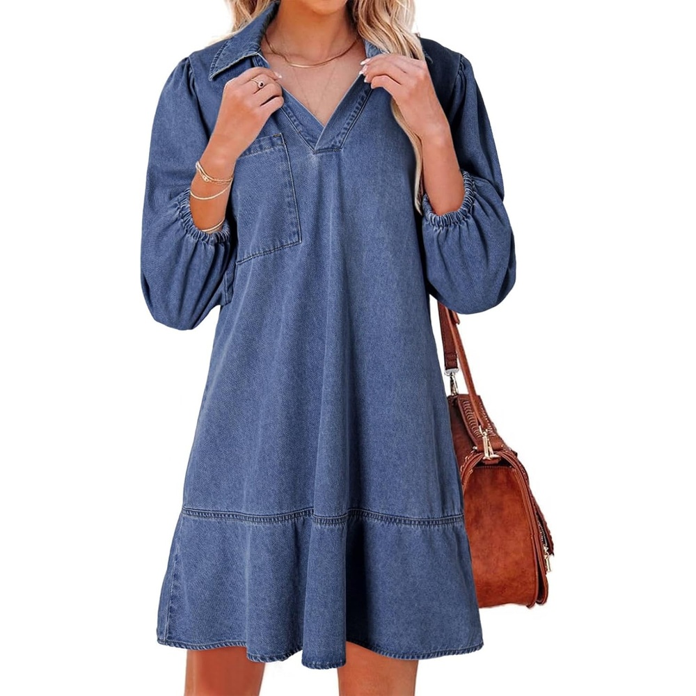 image:imageDokotoo Denim Dress for Women Fall 34 Puff Sleeve Babydoll Jean DressReal Teal