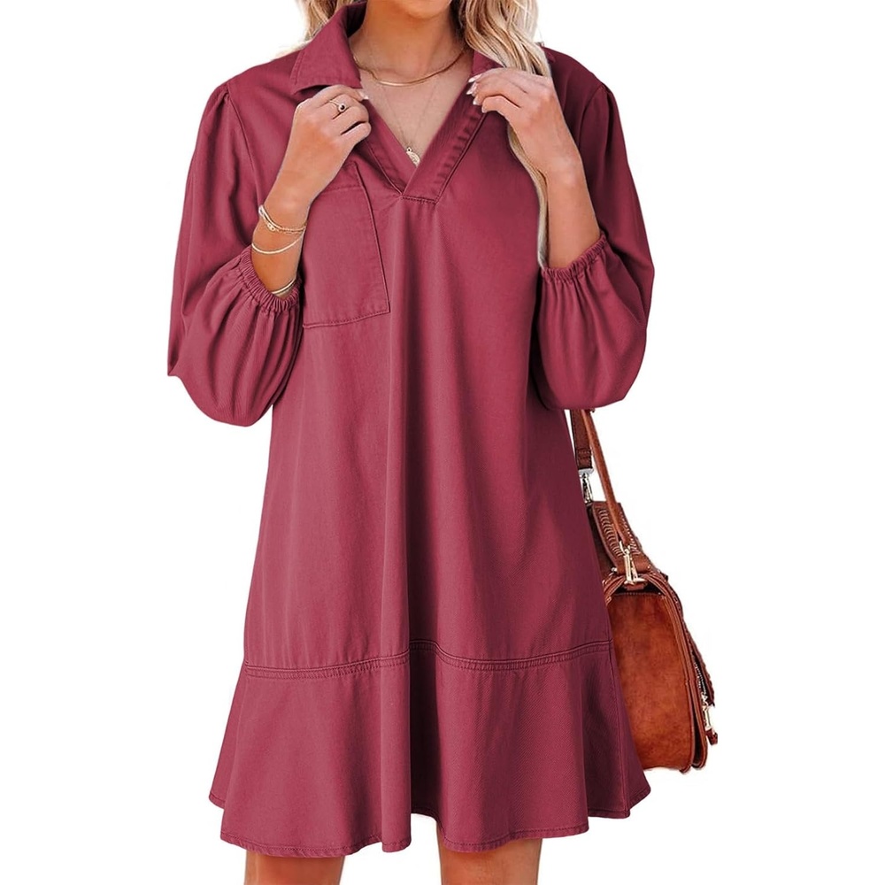 image:imageDokotoo Denim Dress for Women Fall 34 Puff Sleeve Babydoll Jean DressRed