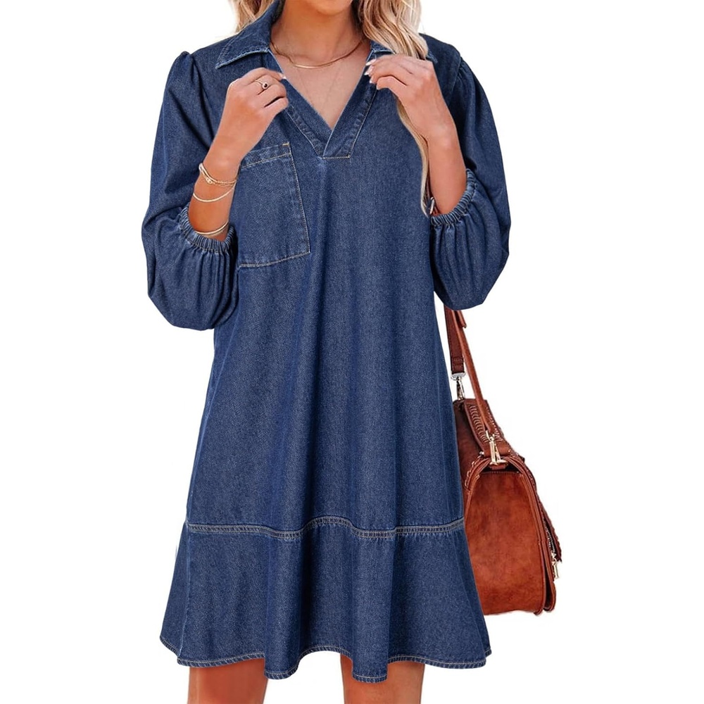 image:imageDokotoo Denim Dress for Women Fall 34 Puff Sleeve Babydoll Jean DressSail Blue