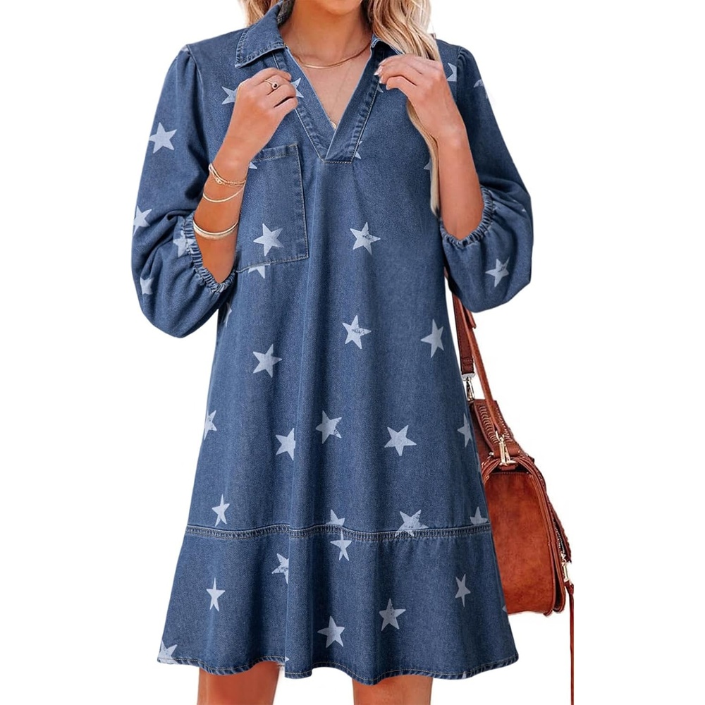 image:imageDokotoo Denim Dress for Women Fall 34 Puff Sleeve Babydoll Jean DressStar Blue