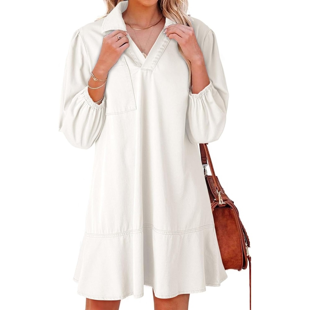 image:imageDokotoo Denim Dress for Women Fall 34 Puff Sleeve Babydoll Jean DressWhite