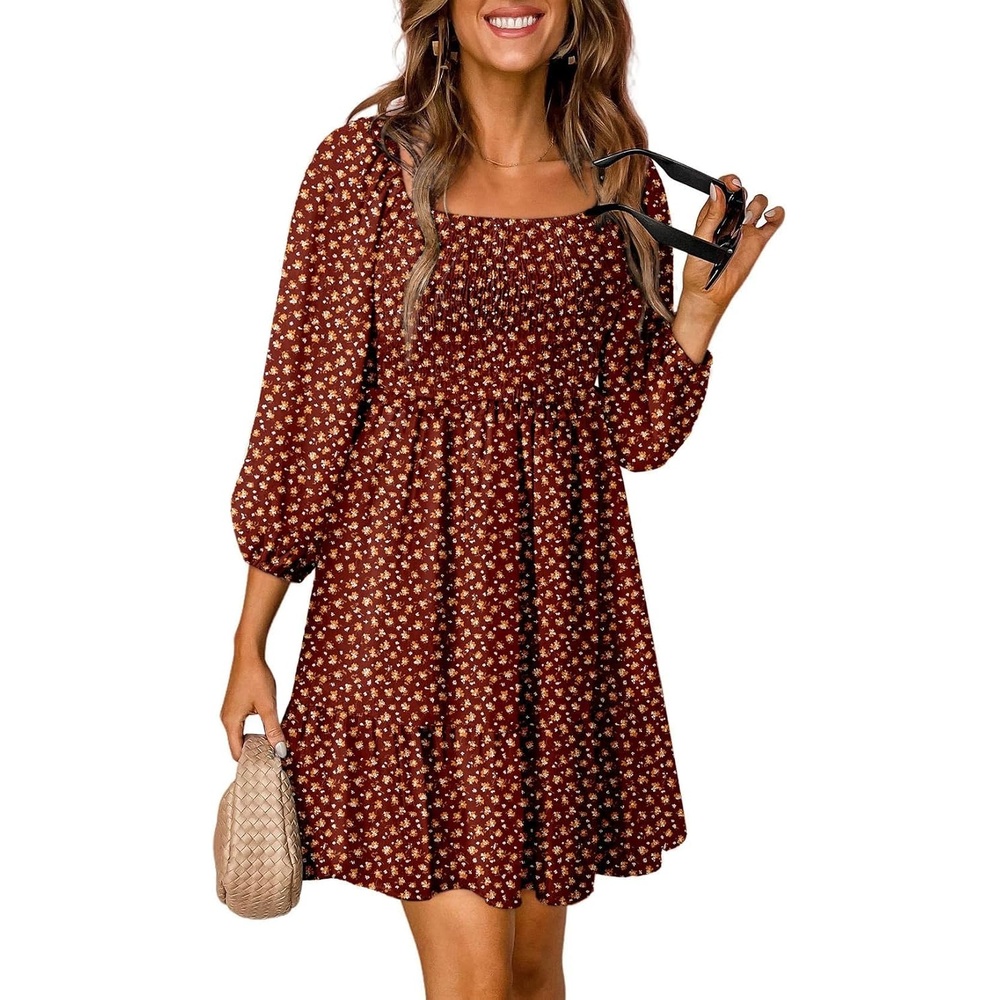 image:imageDokotoo Fall Dresses for Women 2025 Boho Floral Square Neck Smocked 34 Sleeve Casual ALine Swing Mini Dress SundressRed