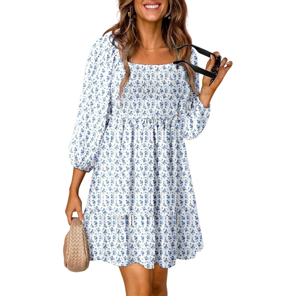 image:imageDokotoo Fall Dresses for Women 2025 Boho Floral Square Neck Smocked 34 Sleeve Casual ALine Swing Mini Dress SundressSky Blue