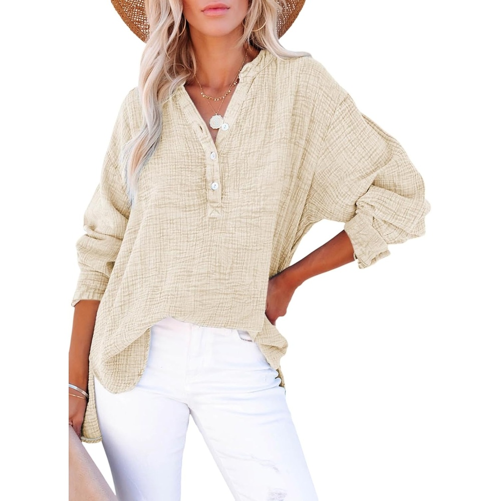 image:imageDokotoo Long Sleeve Shirts for Women Casual V Neck Oversized Blouses TopsApricot