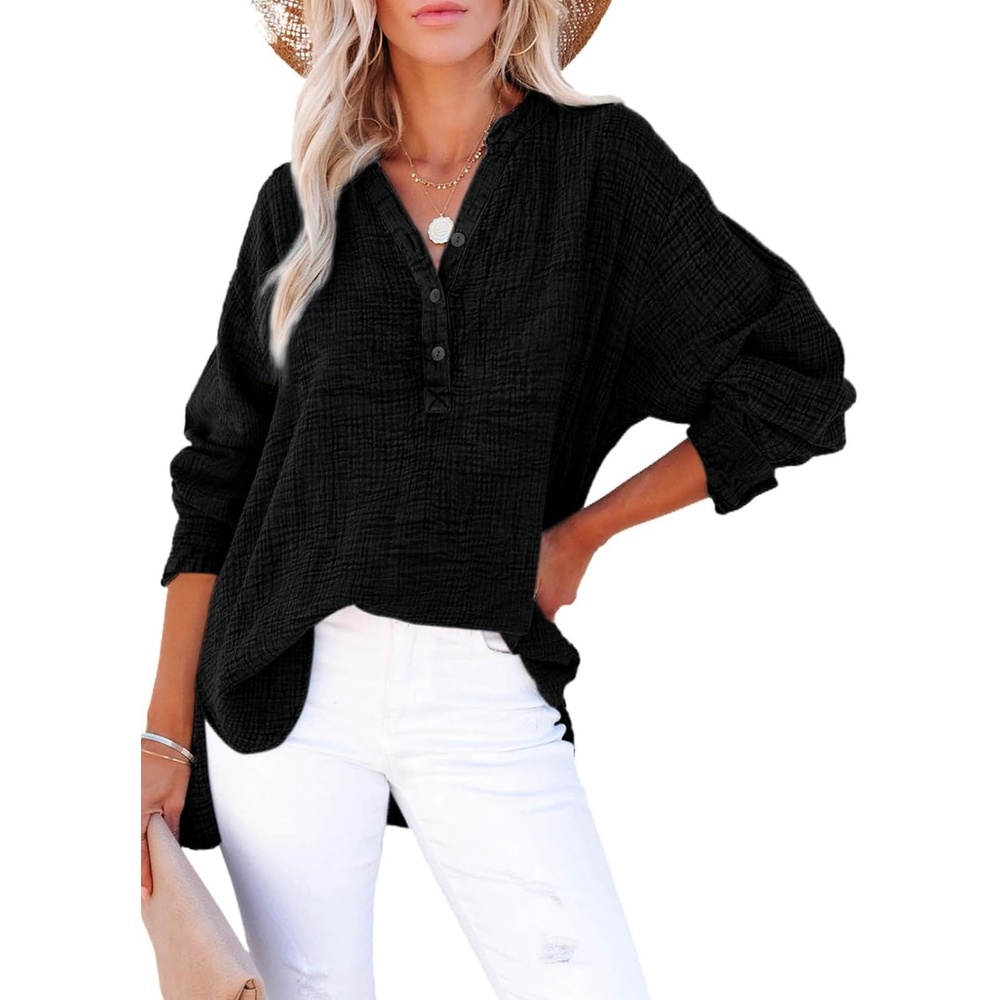 image:imageDokotoo Long Sleeve Shirts for Women Casual V Neck Oversized Blouses TopsBlack