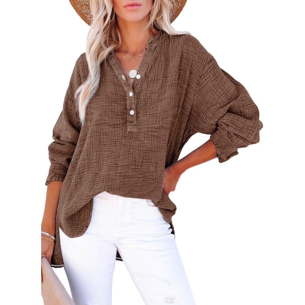 image:imageDokotoo Long Sleeve Shirts for Women Casual V Neck Oversized Blouses TopsCoffee