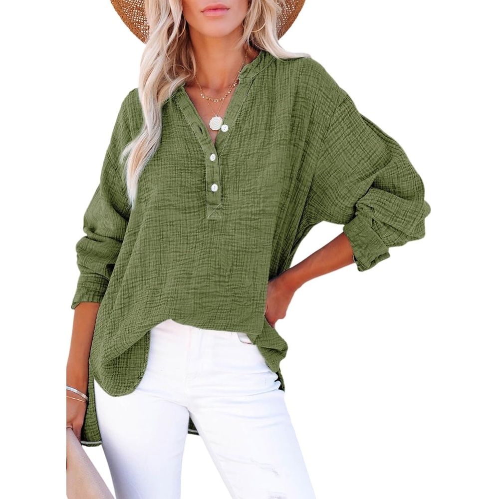 image:imageDokotoo Long Sleeve Shirts for Women Casual V Neck Oversized Blouses TopsDark Green