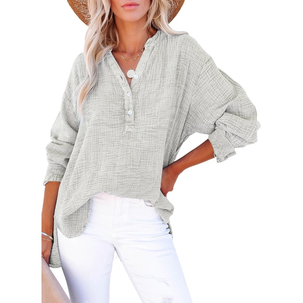image:imageDokotoo Long Sleeve Shirts for Women Casual V Neck Oversized Blouses TopsGray