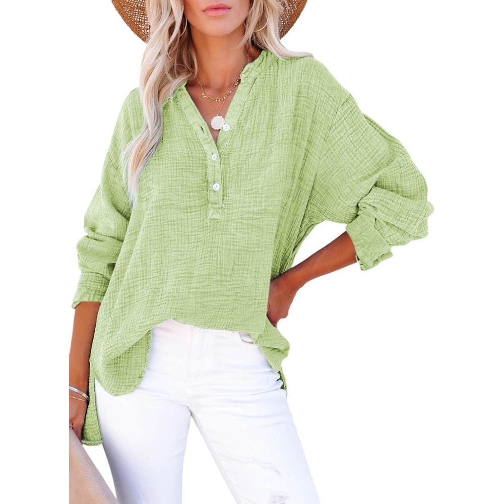 image:imageDokotoo Long Sleeve Shirts for Women Casual V Neck Oversized Blouses TopsGreen
