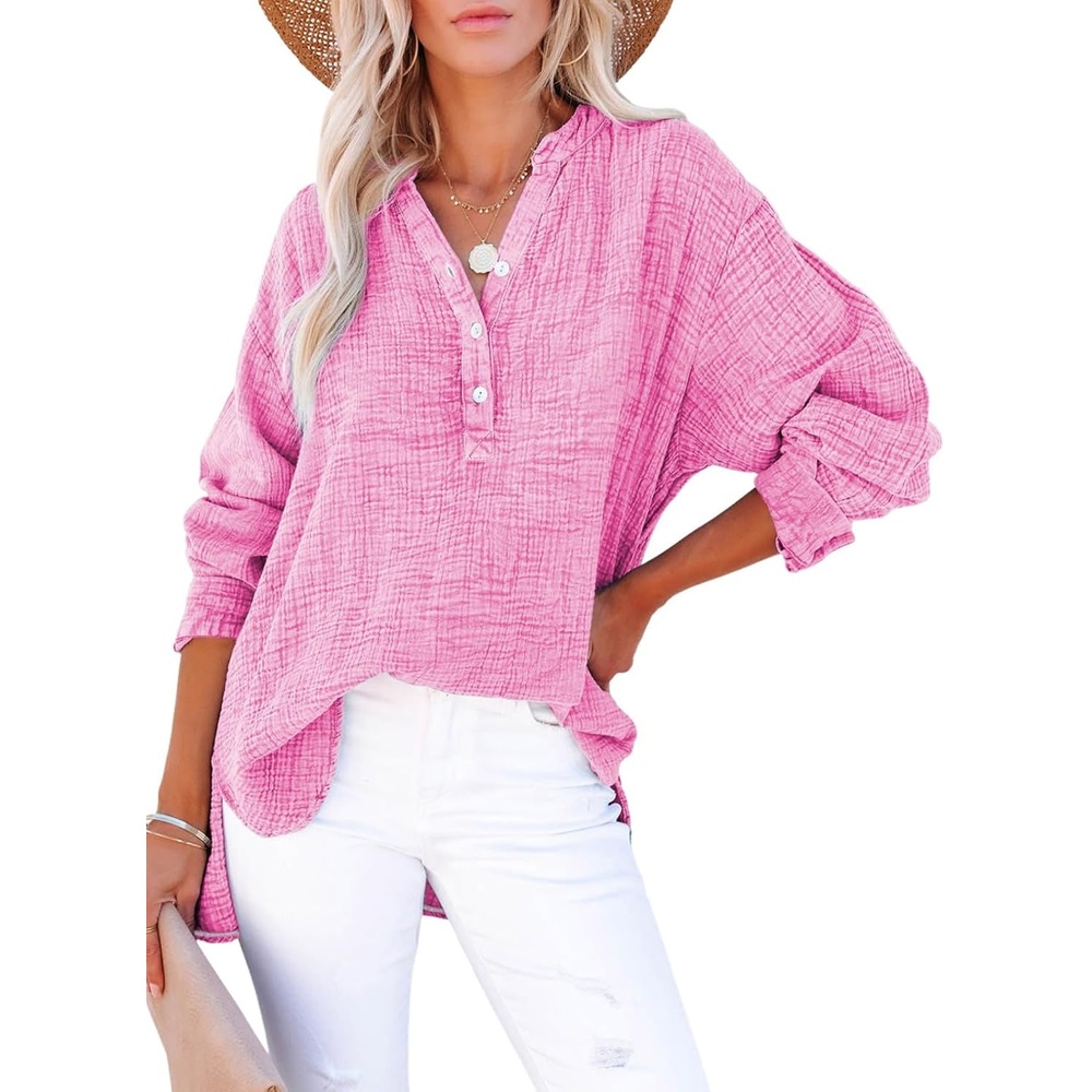 image:imageDokotoo Long Sleeve Shirts for Women Casual V Neck Oversized Blouses TopsLight Pink