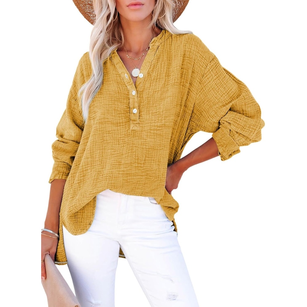 image:imageDokotoo Long Sleeve Shirts for Women Casual V Neck Oversized Blouses TopsYellow