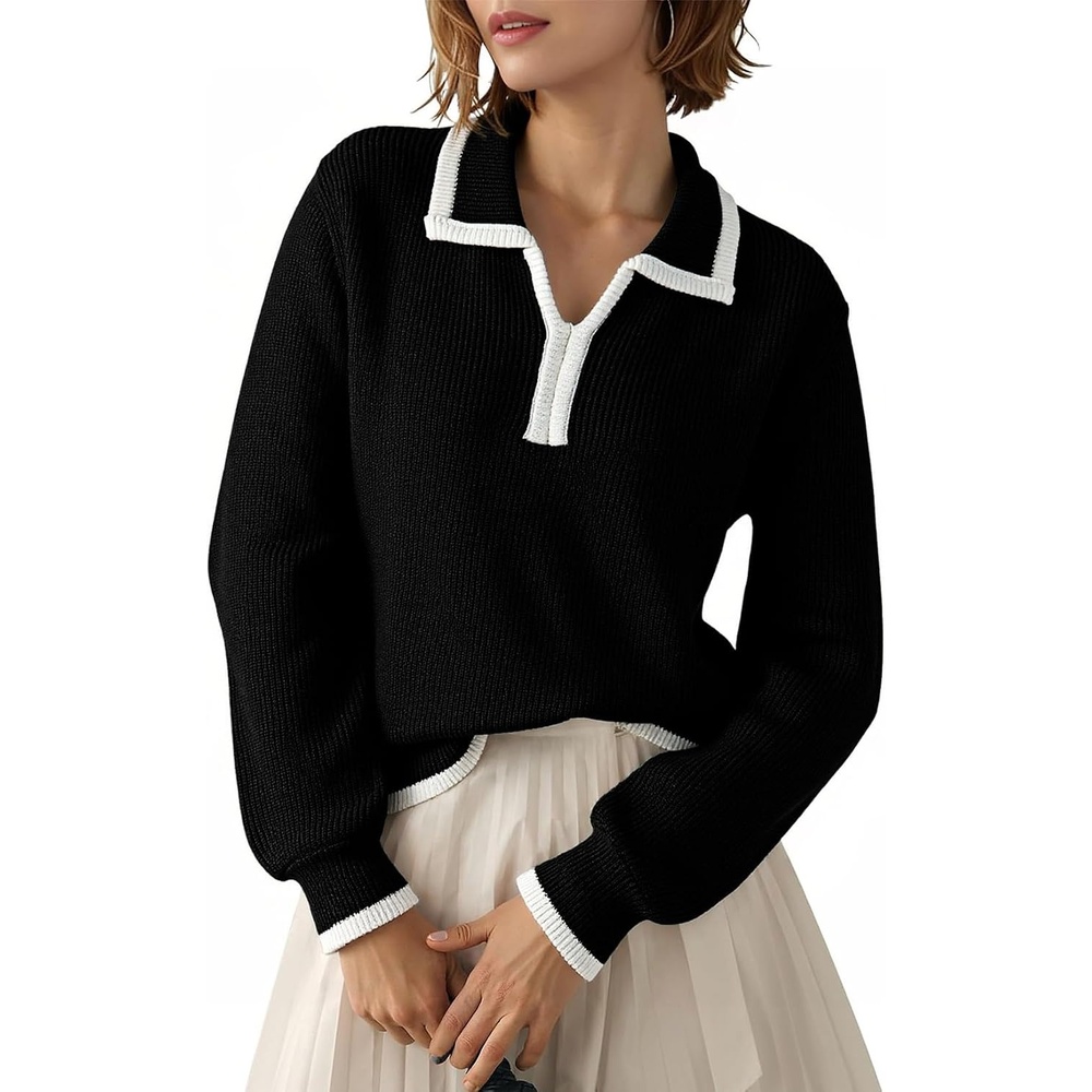 image:imageDokotoo Sweaters for Women Fashion Long Sleeve Lapel Collar V Neck Casual Knit Color Block Pullover Sweater Jumpers Tops