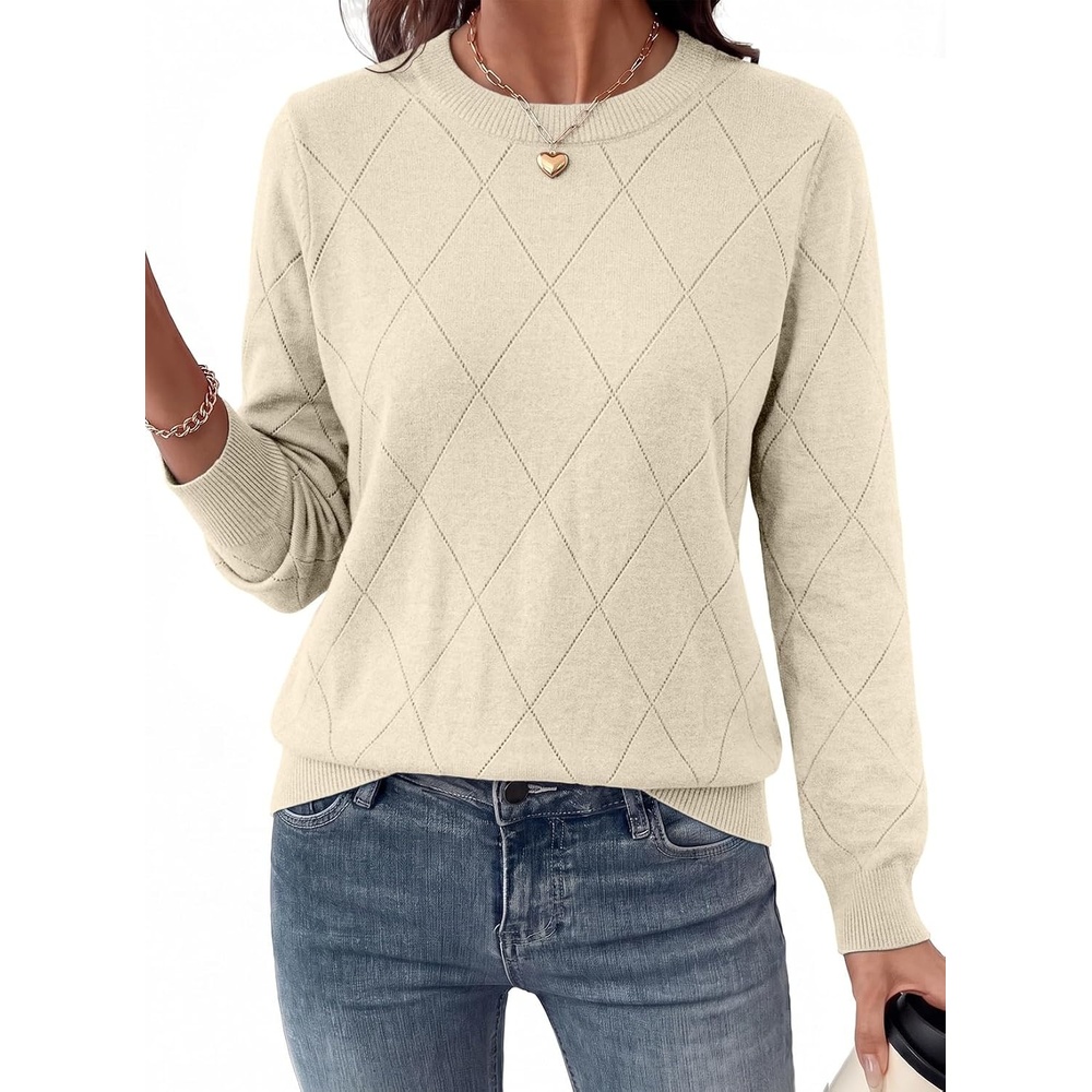 image:imageDokotoo Sweaters for Women Long Sleeve Crewneck Diamond Hollow Out Lightweight Pullover Sweater Tops Fall OutfitsApricot