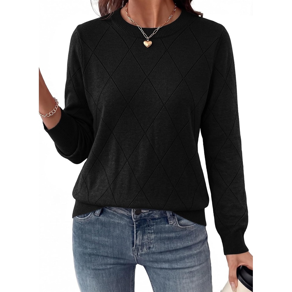 image:imageDokotoo Sweaters for Women Long Sleeve Crewneck Diamond Hollow Out Lightweight Pullover Sweater Tops Fall OutfitsBlack