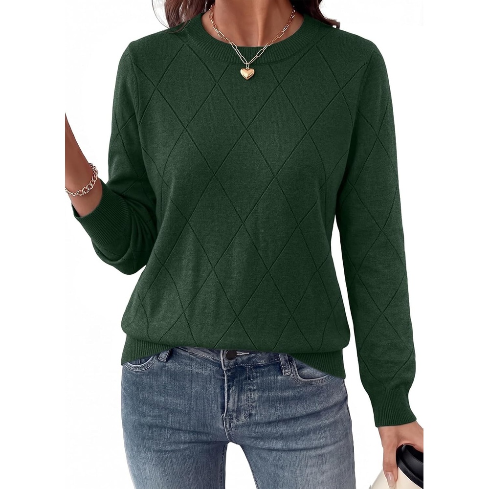 image:imageDokotoo Sweaters for Women Long Sleeve Crewneck Diamond Hollow Out Lightweight Pullover Sweater Tops Fall OutfitsBlackish Green