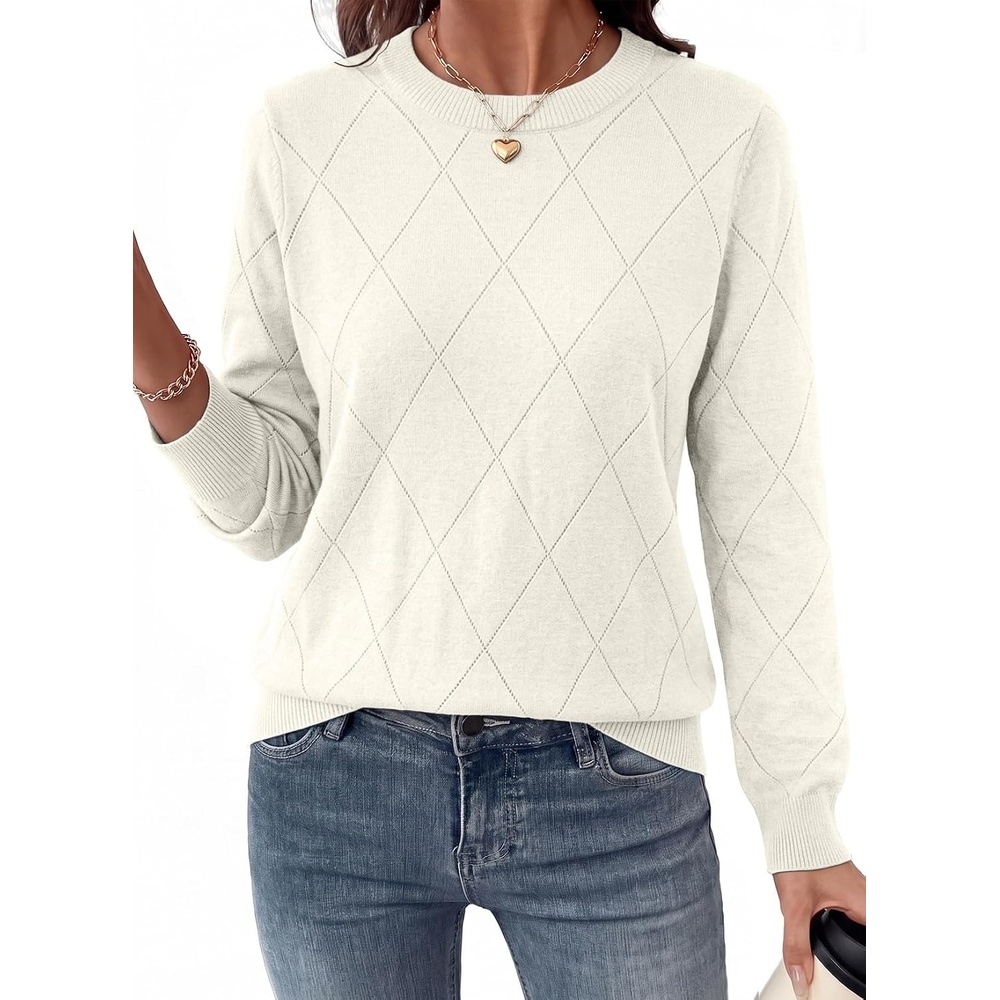image:imageDokotoo Sweaters for Women Long Sleeve Crewneck Diamond Hollow Out Lightweight Pullover Sweater Tops Fall OutfitsWhite