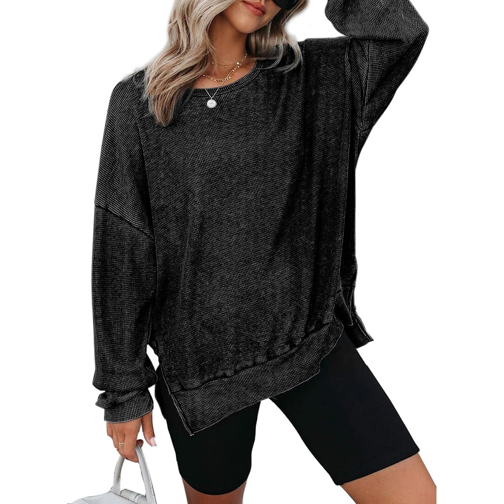 image:imageDokotoo Sweatshirt for Women Oversized Waffle Knit Crewneck Sweatshirts Long Sleeve Side Slits Casual Pullover TopsBlack