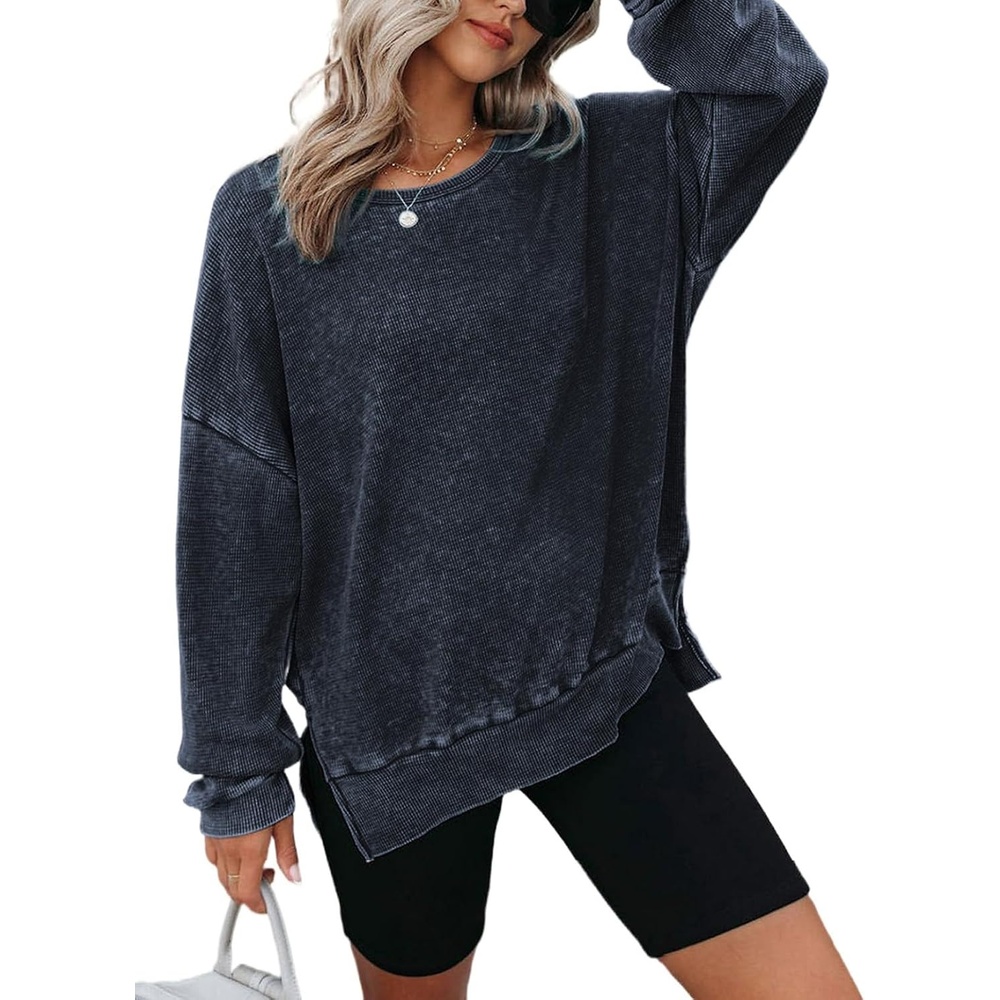 image:imageDokotoo Sweatshirt for Women Oversized Waffle Knit Crewneck Sweatshirts Long Sleeve Side Slits Casual Pullover TopsBlue