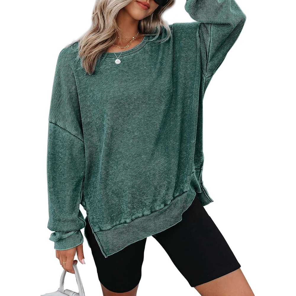 image:imageDokotoo Sweatshirt for Women Oversized Waffle Knit Crewneck Sweatshirts Long Sleeve Side Slits Casual Pullover TopsGreen 504