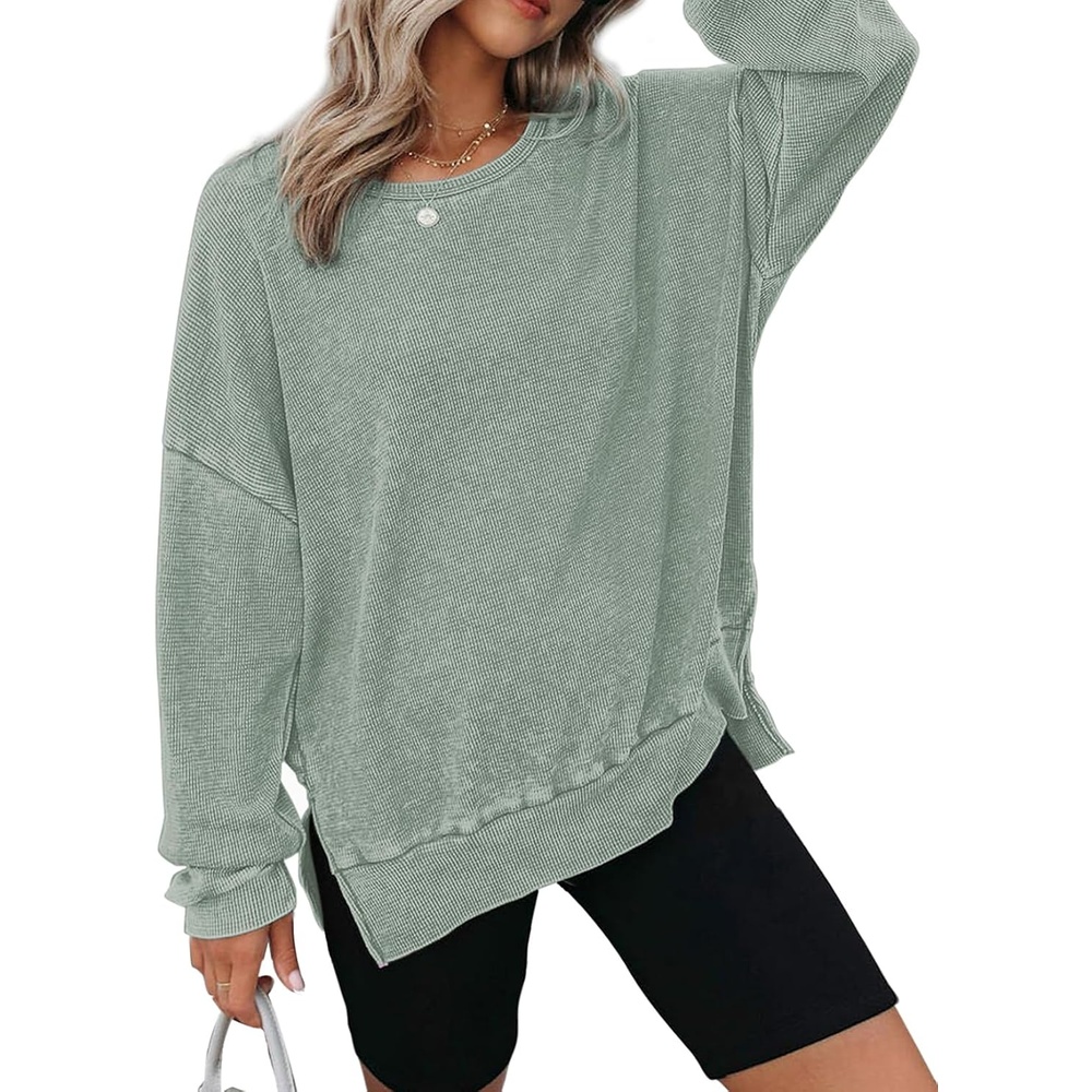 image:imageDokotoo Sweatshirt for Women Oversized Waffle Knit Crewneck Sweatshirts Long Sleeve Side Slits Casual Pullover TopsGreen