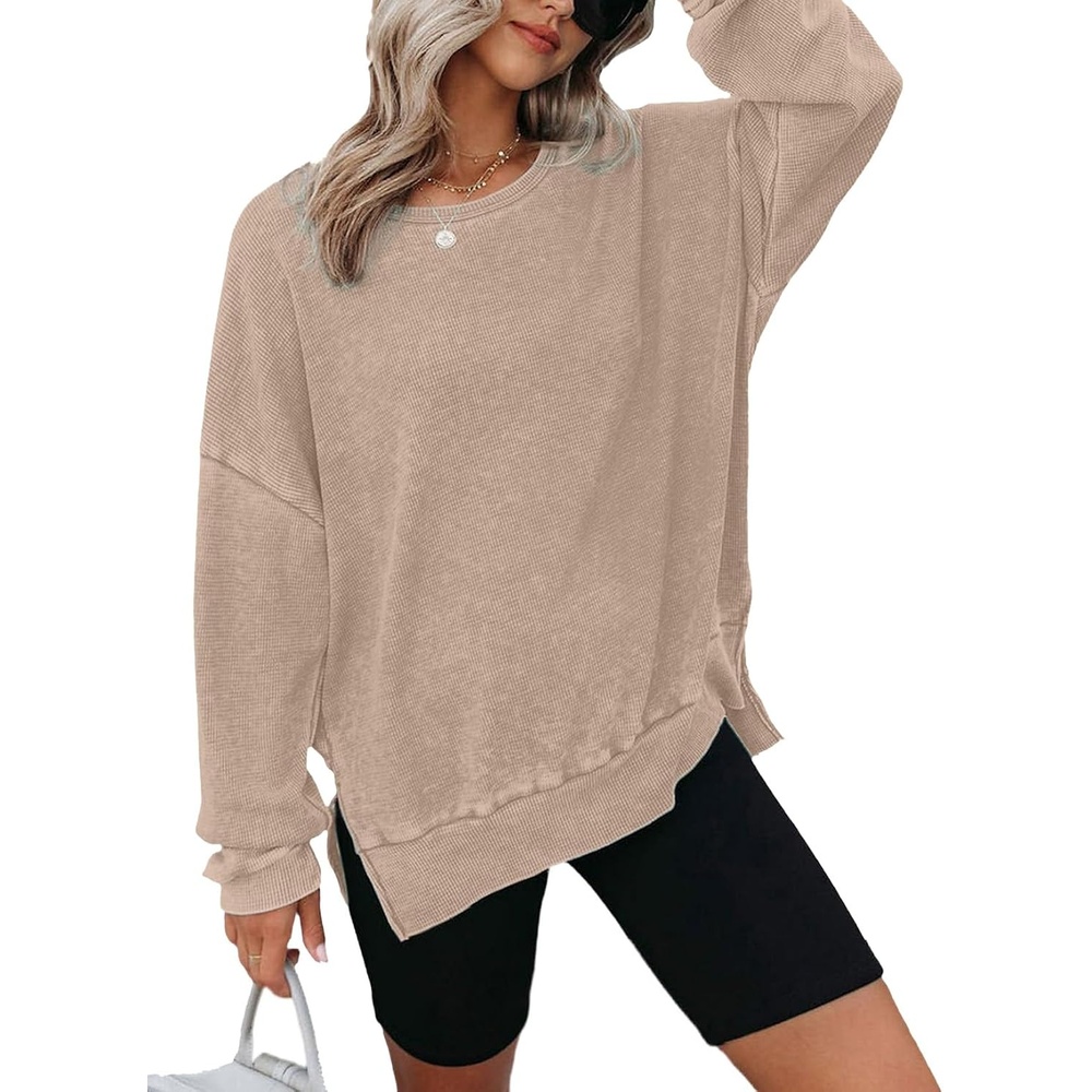 image:imageDokotoo Sweatshirt for Women Oversized Waffle Knit Crewneck Sweatshirts Long Sleeve Side Slits Casual Pullover TopsKhaki