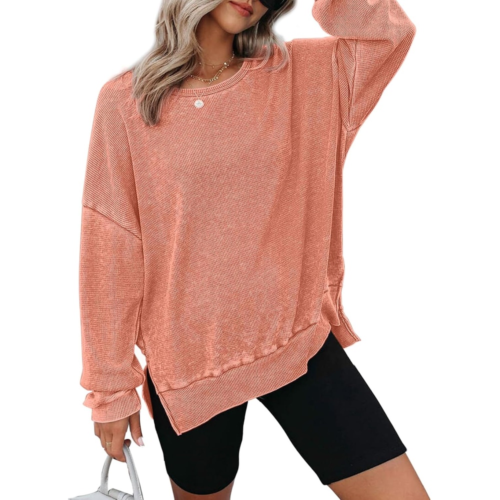image:imageDokotoo Sweatshirt for Women Oversized Waffle Knit Crewneck Sweatshirts Long Sleeve Side Slits Casual Pullover TopsOrange